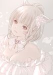  1girl 2023 animal_ears artist_name blonde_hair bow bowtie braid breasts cat_ears cat_girl cleavage dated earrings facial_mark final_fantasy final_fantasy_xiv flower flower_earrings hair_flower hair_ornament highres jewelry medium_breasts miqo&#039;te parted_lips pink_bow pink_bowtie pink_eyes pink_flower piyoco short_hair solo upper_body warrior_of_light_(ff14) whisker_markings 