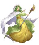  1girl cloak dress fire_emblem fire_emblem:_thracia_776 fire_emblem_heroes full_body green_dress green_eyes green_hair highres holding holding_staff hood hooded_cloak medium_hair non-web_source nun official_art open_mouth safy_(fire_emblem) solo staff white_cloak 