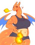  anthro anthrofied beady_eyes big_breasts blush breasts breath_powers charizard clothing curvy_figure elemental_manipulation female fire fire_breathing fire_manipulation generation_1_pokemon hanaarts hand_on_hip membrane_(anatomy) membranous_wings muscular muscular_anthro muscular_female nintendo nipple_outline orange_body pokemon pokemon_(species) simple_background slightly_chubby smile solo thick_thighs tight_clothing video_games voluptuous white_background wide_hips wings 