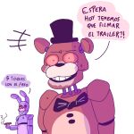 anthro bonnie_(fnaf) brown_body buckteeth cigarette clothing cocaine drugs duo five_nights_at_freddy&#039;s freddy_(fnaf) hat headgear headwear hi_res male purple_body red_eyes renita_reed scottgames simple_background spanish_text surprise teeth text white_background