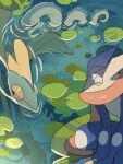  afloat blue_skin closed_eyes colored_skin commentary_request frog from_above greninja highres inteleon lily_pad pokemon pokemon_(creature) ripples suikaels tail water webbed_hands yellow_eyes 