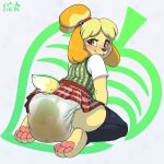 animal_crossing anthro bottomwear canid canine canis clothed clothing diaper domestic_dog feces female hi_res isabelle_(animal_crossing) leggings legwear looking_at_viewer looking_back looking_back_at_viewer mammal messing messing_diaper miniskirt nintendo pattern_clothing pattern_diaper plaid plaid_clothing scat skirt solo stargal_galexi topwear wearing_diaper