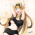  1girl alternate_costume bangs blonde_hair breasts chest_jewel dancing highres large_breasts long_hair mythra_(xenoblade) navel open_mouth sofusan1526 solo swept_bangs underboob very_long_hair xenoblade_chronicles_(series) xenoblade_chronicles_2 yellow_eyes 