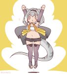  1girl arms_up boots bow bowtie cape coroha elbow_gloves frilled_lizard_(ex)_(kemono_friends) full_body gloves grey_hair jumping kemono_friends lizard_tail looking_at_viewer navel short_hair shorts simple_background sleeveless solo strapless tail thighhighs tube_top yellow_background 