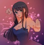  1girl blue_dress blue_eyes blunt_bangs commentary dress duckprotector26 english_commentary fighting_stance highres long_hair looking_to_the_side nico_robin one_piece purple_background sidelocks solo upper_body 