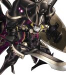  1boy attack black_bodysuit black_cloak black_hair blonde_hair bodysuit cloak crown fafnir_(fire_emblem) fire_emblem fire_emblem_heroes hair_slicked_back highres holding holding_polearm holding_shield holding_weapon king mecha multicolored_hair non-web_source official_art polearm robot shield solo streaked_hair weapon 