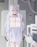  1girl animal_ears bandages choker curly_hair hospital hospital_gown long_hair no_pants original oto1_030 white_hair x-ray yellow_eyes 