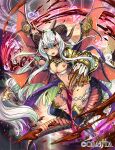  1girl black_thighhighs breasts chaos_blade_(oratta) cleavage copyright_notice dragon_girl dragon_horns dragon_tail dragon_wings grey_hair horns long_hair magic_circle multiple_wings navel official_art shida_(xwheel) solo tail thighhighs very_long_hair wings yellow_eyes 