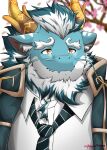 absurd_res anthro arujoseru blue_body chinese_zodiac dragon hair hi_res lifewonders male mature_male necktie new_year_2024 qinglong solo tokyo_afterschool_summoners white_hair year_of_the_dragon yellow_eyes