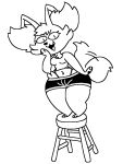  &gt;:3 anthro bangs big_ears black_and_white black_bottomwear black_clothing black_shorts bottom_heavy bottomwear breasts chest_tuft clothing cute_fangs female fennekin furniture generation_6_pokemon hand_on_face handpaw hip_tuft huge_thighs inner_ear_fluff krisispiss looking_at_viewer midriff monochrome nintendo open_mouth paws pokemon pokemon_(species) pupils short_stack shorts size_difference slit_pupils small_waist smile smug smug_face solo standing standing_on_stool stool tail_motion tailwag thick_calves thick_thighs tuft video_games wide_hips 
