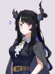  1girl alternate_costume artist_name asymmetrical_horns belt black_hair blue_hair blush breasts colored_inner_hair demon_horns expressionless formal highres hololive hololive_english horns jacket jacket_on_shoulders long_hair looking_at_viewer mole mole_under_eye multicolored_hair nerissa_ravencroft red_eyes solo suit_jacket toseno twitter_username two-tone_hair uneven_horns upper_body virtual_youtuber 