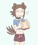  &lt;3 animal_humanoid blue_clothing blue_shirt blue_topwear brown_hair canid canid_humanoid canine canine_humanoid clothing collar dog_girl_(hitsujigoods) dog_humanoid eating eyes_closed female food hair hi_res hitsujigoods humanoid mammal mammal_humanoid navel peanut_butter sandwich_(food) shirt short solo standing tail_motion tailwag topwear white_body white_skin 