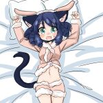  1girl :d animal_ears animal_hood aqua_eyes arms_up bed_sheet blue_hair blush cat_ears cat_girl cat_tail commentary cyan_(show_by_rock!!) drill_hair fang fur-trimmed_shirt fur-trimmed_shorts fur-trimmed_sleeves fur_trim hood long_sleeves looking_at_viewer lying medium_hair midriff navel nose_blush on_back open_mouth pillow romaji_commentary rori_(4chan) sheep_hood shirt short_shorts shorts show_by_rock!! sketch smile solo sparkling_eyes tail 