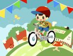  1boy baseball_cap bicycle blue_shorts blue_sky bug butterfly cat chibi english_text happy hat hitofutarai house male_focus mobile_sprout mother_(game) mother_2 mushroom ness_(mother_2) outdoors ramblin&#039;_evil_mushroom red_footwear red_headwear riding riding_bicycle shorts sky solo sparkle string_of_flags summer tree yellow_butterfly 