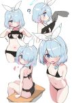  1girl :d ? arona_(blue_archive) bangs bikini black_bikini blue_archive blue_eyes blue_hair blush bow_hairband breasts closed_mouth colored_inner_hair desk hair_over_one_eye hairband halo heart highres leaning_forward lifted_by_another lifted_by_self looking_at_viewer medium_hair multicolored_hair multiple_views navel on_desk pink_hair sitting small_breasts smile sound_effects standing stomach string swimsuit translation_request yabai_gorilla 