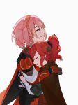  2girls absurdres anna_(fire_emblem) black_gloves brown_cape brown_gloves cape closed_mouth commentary fire_emblem fire_emblem_engage gloves highres hug lapis_(fire_emblem) mariirasuto7 medium_hair multiple_girls pink_hair ponytail red_cape red_eyes red_hair simple_background smile white_background 
