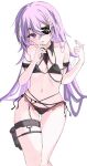  1girl armband bare_shoulders bikini black_bikini chain chevreuse_(genshin_impact) commentary_request feet_out_of_frame fugashi_(funyaunya) genshin_impact hands_up head_tilt highres long_hair looking_at_viewer navel no_headwear purple_eyes purple_hair simple_background solo stomach swimsuit thigh_strap thighs very_long_hair white_background 