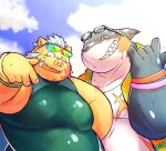  absurd_res anthro belly chi_tiu duo eyewear fish gouryou grin hi_res lifewonders male mammal marine musclegut overweight pecs shark sharp_teeth slap_mark smile suid suina sunglasses sus_(pig) teeth tokyo_afterschool_summoners tusks typhon video_games wetsuit wild_boar 