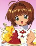  1girl absurdres brown_hair cardcaptor_sakura child food fruit green_eyes happy highres holding kero kinomoto_sakura official_art open_mouth short_hair simple_background size_difference spoon watermelon 