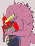 absurd_res acrid animal_humanoid anthro bodily_fluids cemita dragon dragon_humanoid duo embrace female female_human/male_anthro forced grey_background hi_res hug human humanoid huntress_(risk_of_rain) interspecies male male/female mammal risk_of_rain risk_of_rain_2 saliva simple_background