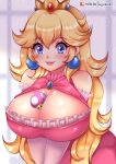  1girl blonde_hair breasts cleavage cleavage_cutout clothing_cutout crown dress earrings jewelry large_breasts long_hair mario_(series) pink_dress princess princess_peach sleeveless smile solo sugarbell very_long_hair 