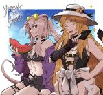  2girls :t animal_ear_piercing animal_ears arknights bikini bikini_under_clothes black_bikini black_gloves black_one-piece_swimsuit black_ribbon black_shorts breasts card center_opening character_name cleavage clothes_around_waist cowboy_shot dlanon eating eyewear_on_head fingerless_gloves food fruit gloves green-tinted_eyewear hand_on_own_hip hat hat_ribbon holding holding_card holding_food holding_fruit jacket jewelry lin_(arknights) long_hair long_sleeves looking_at_viewer mouse_ears mouse_girl mouse_tail multiple_girls navel necklace off_shoulder official_alternate_costume one-piece_swimsuit open_clothes open_jacket open_shorts orange_hair pearl_necklace pink_eyes pink_hair ponytail ribbon round_eyewear shirt shirt_around_waist shorts sidelocks single_glove sitting small_breasts standing stomach sunglasses swimsuit swire_(arknights) tail tiger_ears tiger_girl tiger_tail tinted_eyewear very_long_hair watermelon watermelon_slice white_headwear 