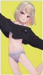  1girl border fang grey_panties highres makaino_ririmu multicolored_hair navel nijisanji no_pants panties pointy_ears red_eyes sabamen short_hair simple_background skin_fang solo streaked_hair underwear virtual_youtuber white_border yellow_background 