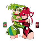  2girls cleavage_cutout closed_mouth clothing_cutout cowboy_shot cropped_jacket ear_piercing expressionless green_eyes green_hair green_jacket hair_between_eyes highres hug humanization jacket leotard maymay_pic multiple_girls open_mouth piercing red_eyes red_hair simple_background sketch soda white_background 