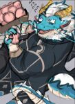 205nin anthro blue_body blush dragon eyebrows facial_hair food fruit hair high-angle_view horn lifewonders male mature_male overweight peach_(fruit) plant qinglong sketchy solo thick_eyebrows tokyo_afterschool_summoners white_hair