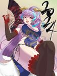  1girl 2024 black_gloves black_thighhighs blue_dress breasts china_dress chinese_clothes chinese_zodiac don_(rg06268) dragon_print dress elbow_gloves from_below gloves gradient_gloves hand_fan highres holding holding_fan long_hair looking_at_viewer looking_down macross macross_delta medium_breasts mikumo_guynemer multicolored_hair open_mouth ponytail red_eyes red_gloves skindentation solo streaked_hair thighhighs twitter_username very_long_hair watermark year_of_the_dragon 