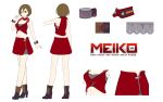  1girl bob_cut boots breasts brown_eyes brown_hair choker colored_shoe_soles crop_top crossed_legs hair_behind_ear hair_between_eyes hand_up high_heels highres ixima lapels logo medium_breasts meiko meiko_(vocaloid3) miniskirt multiple_views navel official_art red_shirt red_skirt reference_sheet see-through shirt short_hair side_slit skirt standing turnaround v-neck vocaloid watson_cross wrist_cuffs zipper 