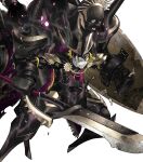  1boy black_bodysuit black_cloak black_hair blonde_hair bodysuit clenched_teeth cloak crown damaged fafnir_(fire_emblem) fire_emblem fire_emblem_heroes hair_slicked_back highres holding holding_polearm holding_shield holding_weapon king mecha multicolored_hair non-web_source official_art one_eye_closed polearm robot shield smoke solo streaked_hair teeth weapon 