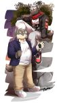 2024 anthro boots bottomwear brown_body brown_fur canid canine canis chuurow clothed clothing domestic_dog duo footwear fur hair hi_res jacket lifewonders looking_at_viewer male mammal moritaka multicolored_body multicolored_fur pants scar shirt sitting tadatomo tail tokyo_afterschool_summoners topwear two_tone_body two_tone_fur white_hair