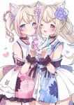  2girls :3 animal_ear_fluff animal_ears blonde_hair blue_hair blue_kimono blue_nails blush closed_mouth dog_ears dog_girl dog_tail fang floral_print_kimono flower fuwawa_abyssgard fuwawa_abyssgard_(new_year) hair_flower hair_ornament haru_hhmn heart heart_hands highres hololive hololive_english japanese_clothes kimono long_hair mococo_abyssgard mococo_abyssgard_(new_year) multiple_girls official_alternate_costume one_eye_closed open_mouth pink_hair pink_kimono pink_nails ponytail short_hair siblings sisters sleeveless sleeveless_kimono smile tail twins twintails virtual_youtuber 