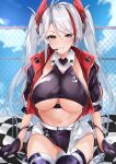  1girl azur_lane belt blue_sky breasts chain-link_fence checkered_flag clothing_cutout cropped_jacket cropped_shirt earpiece fence flag gloves grin half_gloves headgear highres looking_at_viewer mole mole_on_breast multicolored_hair mutou_mame official_alternate_costume outdoors prinz_eugen_(azur_lane) prinz_eugen_(final_lap)_(azur_lane) race_queen racetrack sitting sky smile solo streaked_hair textless_version thighhighs two-tone_skirt underboob underboob_cutout white_belt white_hair yellow_eyes 