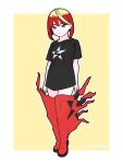  1girl alternate_costume blush boots highres mela_(pokemon) multicolored_hair official_alternate_hairstyle pokemon pokemon_sv rttnlich shirt short_hair solo standing t-shirt two-tone_hair 