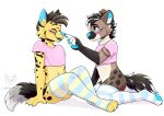  anthro boop brown clothing crop_top domestic_cat duo felid feline felis girly hi_res legwear male male/male mammal nose_boop shirt spots thigh_highs topwear yellow 