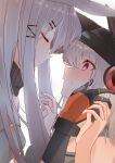  2girls absurdres animal_ears arknights beanie black_gloves blush clenched_teeth closed_eyes commentary_request ears_through_headwear fox_ears fox_girl from_side frostleaf_(arknights) frostnova_(arknights) gloves grey_hair hair_ornament hair_over_one_eye hairclip hand_on_another&#039;s_cheek hand_on_another&#039;s_face hat headphones highres implied_extra_ears long_hair multiple_girls parted_lips profile rabbit_ears rabbit_girl red_eyes red_nails simple_background suzubotan sweatdrop teeth upper_body white_background yuri 