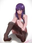  1girl absurdres black_pantyhose blunt_bangs bra breasts bright_pupils closed_mouth clothes_pull collarbone cut_bangs fern_(sousou_no_frieren) full_body gradient_background highres hylran0427 knees_up large_breasts long_hair pantyhose pantyhose_pull purple_eyes purple_hair shiny_skin signature simple_background sitting sousou_no_frieren strap_slip sweat underwear undressing white_bra 