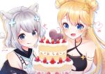  2girls absurdres amaris_yuri animal_ears armpit_crease bare_shoulders blonde_hair blue_eyes blush breasts cake cat_ears cat_girl cleavage cleavage_cutout closed_mouth clothing_cutout criss-cross_halter earrings food fruit grey_eyes halterneck harumatsu highres jewelry kaneko_lumi layer_cake licking_lips medium_breasts multiple_girls off_shoulder open_mouth phase_connect second-party_source simple_background small_breasts smile star_(symbol) star_earrings strawberry tongue tongue_out virtual_youtuber white_background white_hair 