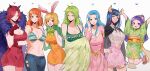  6+girls animal_ears arms_up bikini bikini_top_only black_cape blonde_hair blue_hair blunt_bangs blush_stickers cape capelet carrot_(one_piece) charlotte_galette child dress gloves green_capelet green_hair green_kimono hair_ornament hair_over_one_eye hand_on_own_hip heart horns japanese_clothes joman kimono kurozumi_tama long_hair looking_at_viewer monet_(one_piece) multiple_girls nami_(one_piece) nefertari_vivi obi one_piece pink_dress pink_skirt rabbit_ears red_gloves sandals sash short_hair sidelocks simple_background skirt swimsuit ulti_(one_piece) white_background wings yellow_sash 