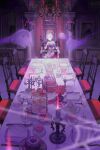  1girl cake candle chair champagne_flute chandelier character_request copyright_name cup drinking_glass flower food fork ghost hand_up kumomachi plate red_flower shadow silk solo spider_web teapot vshojo wide_shot 
