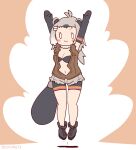  1girl american_beaver_(kemono_friends) animal_ears arms_up beaver_ears beaver_tail bra brown_background coroha elbow_gloves extra_ears full_body gloves grey_hair jacket jumping kemono_friends leggings long_hair looking_at_viewer navel shoes shorts simple_background solo tail underwear 