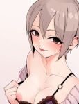  1girl :p blush breasts cleavage collarbone earrings flashing grey_hair hair_between_eyes idolmaster idolmaster_cinderella_girls jewelry looking_at_viewer medium_breasts nipples one_breast_out pulled_by_self shiomi_syuko simple_background solo sweat tongue tongue_out upper_body vegabond_(tumz4458) 