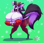 2021 absurd_res anthro aurorette_(sniper91) bell big_breasts big_butt biped black_fishnet_legwear breasts butt christmas christmas_clothing clothing delphox fake_antlers female fur generation_6_pokemon green_background hair hi_res holidays holly_(plant) huge_breasts hyper hyper_breasts inner_ear_fluff jingle_bell knock-kneed nintendo nipple_outline plant pokemon pokemon_(species) pokemorph pose purple_eyes simple_background smile snowflake solo tuft vant_talon white_inner_ear_fluff