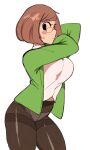  absurdres arm_up black_pantyhose blush bob_cut breasts brown_hair cardigan collared_shirt glasses green_cardigan hand_up highres long_sleeves maximumwarp nikki_(swapnote) nintendo panties pantyhose red-framed_eyewear shirt sweatdrop underwear 