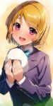  1girl blazer blue_jacket bow bowtie food highres holding jacket koizumi_hanayo looking_at_viewer love_live! love_live!_school_idol_project nakano_maru onigiri open_mouth orange_hair otonokizaka_school_uniform purple_eyes school_uniform short_hair smile solo striped striped_bow striped_bowtie teeth upper_body upper_teeth_only 