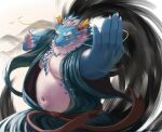 anthro beard belly blue_body dragon facial_hair fighting_pose guadr hi_res horn lifewonders male mature_male musclegut navel necktie nipples pecs pose qinglong solo tokyo_afterschool_summoners