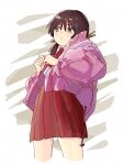  1girl :&lt; abstract_background ascot black_eyes black_hair blush brown_eyes cropped_legs down_jacket half-closed_eyes jacket kaai_yuki long_hair long_sleeves looking_to_the_side low_twintails open_clothes open_jacket pink_jacket pleated_skirt puffy_long_sleeves puffy_sleeves red_ascot red_skirt sakadakei shirt skirt solo twintails vocaloid white_background white_shirt 