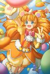  1girl :d absurdres animal_ears aoi_hane arm_warmers balloon bear_ears bloomers blue_eyes blush_stickers bow brown_hair cloud cowboy_shot cure_mofurun fur_trim gloves hair_bow hat highres long_hair looking_at_viewer magical_girl mahou_girls_precure! mini_hat mini_witch_hat mofurun_(mahou_girls_precure!) open_mouth orange_footwear orange_vest precure red_bow see-through see-through_sleeves shoes signature single_arm_warmer sky smile solo star_(symbol) star_in_eye striped_arm_warmers striped_clothes striped_thighhighs suspenders symbol_in_eye thighhighs v vest witch_hat yellow_arm_warmers yellow_bloomers yellow_gloves yellow_headwear yellow_sleeves yellow_thighhighs 